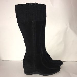 Aquatalia Wedge Heel Tall Boots Black Suede with Knit Shearling Trim Size 8